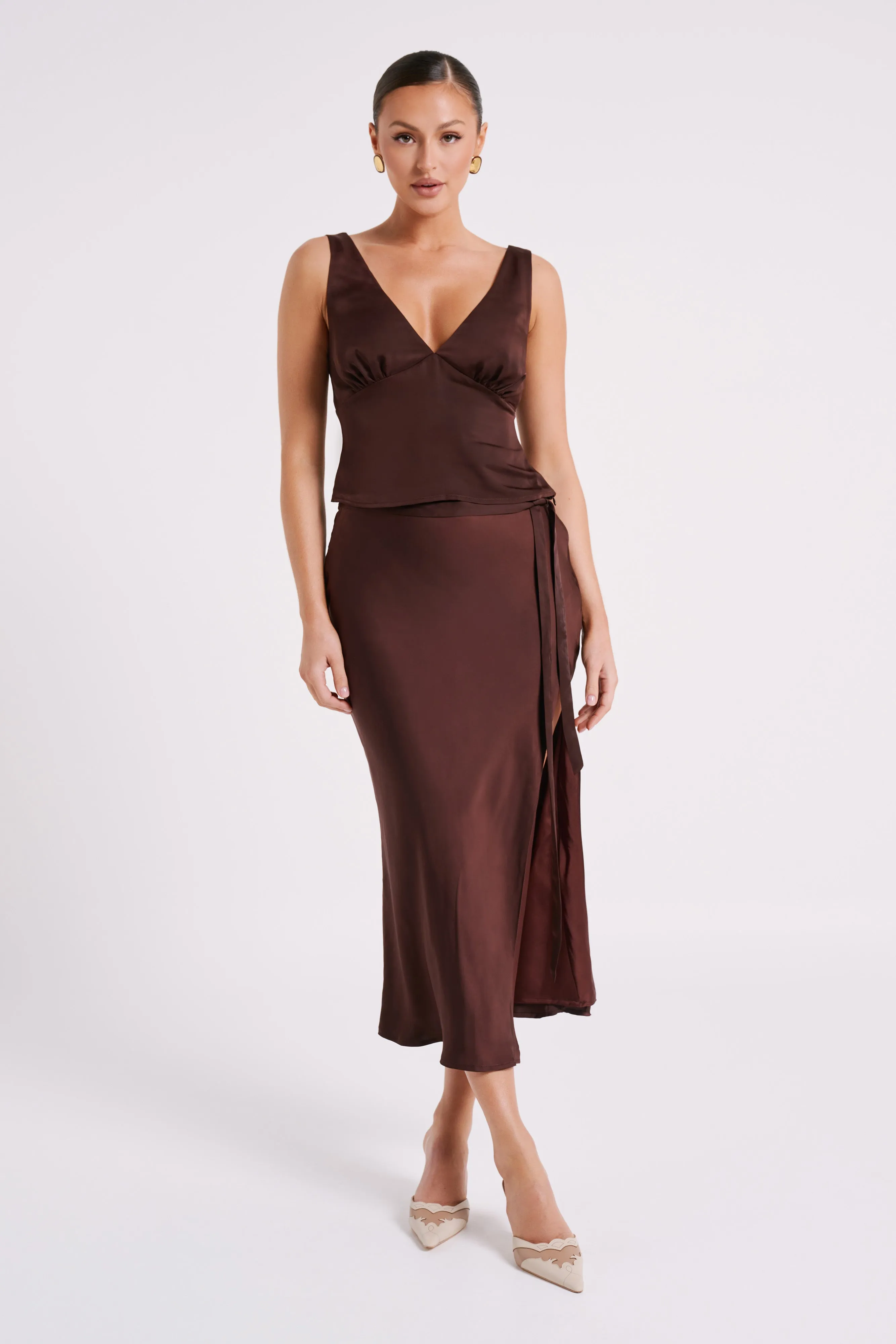 Edie Satin Midi Skirt With Tie - Dark Chocolate