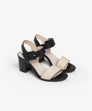 NERO GIARDINI BLOCK HEEL LEATHER SANDALS IN BLACK AND IVORY