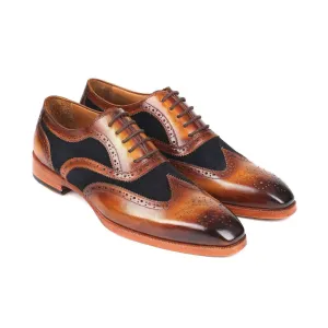 Paul Parkman Handmade Designer Shoes Men's Brown Calf-skin Leather & Navy Suede Oxfords 228NV65 (PM5903)