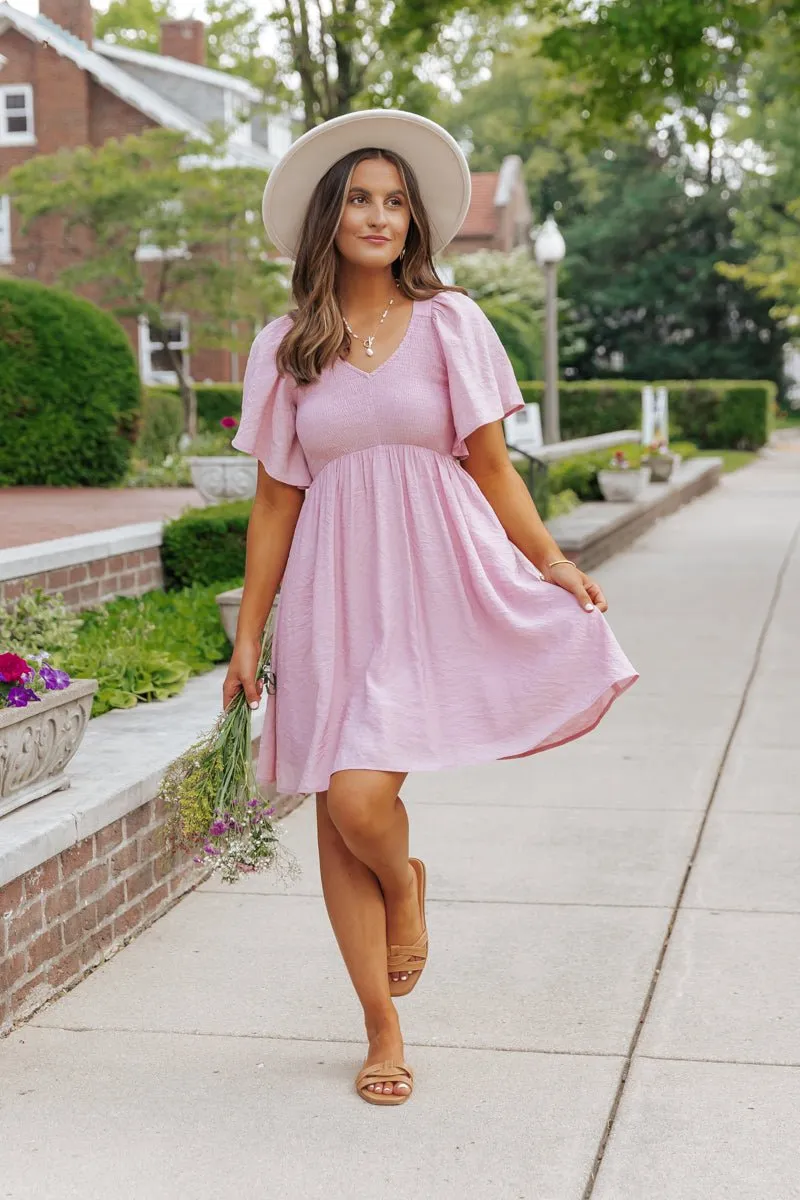 Pink Short Sleeve Smocked Mini Dress - FINAL SALE