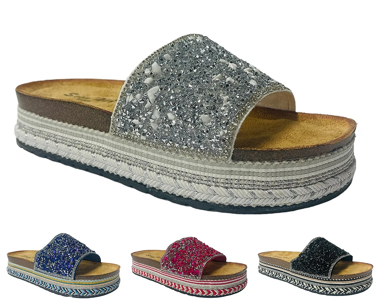 Platform Stone Glitter Mules Sliders