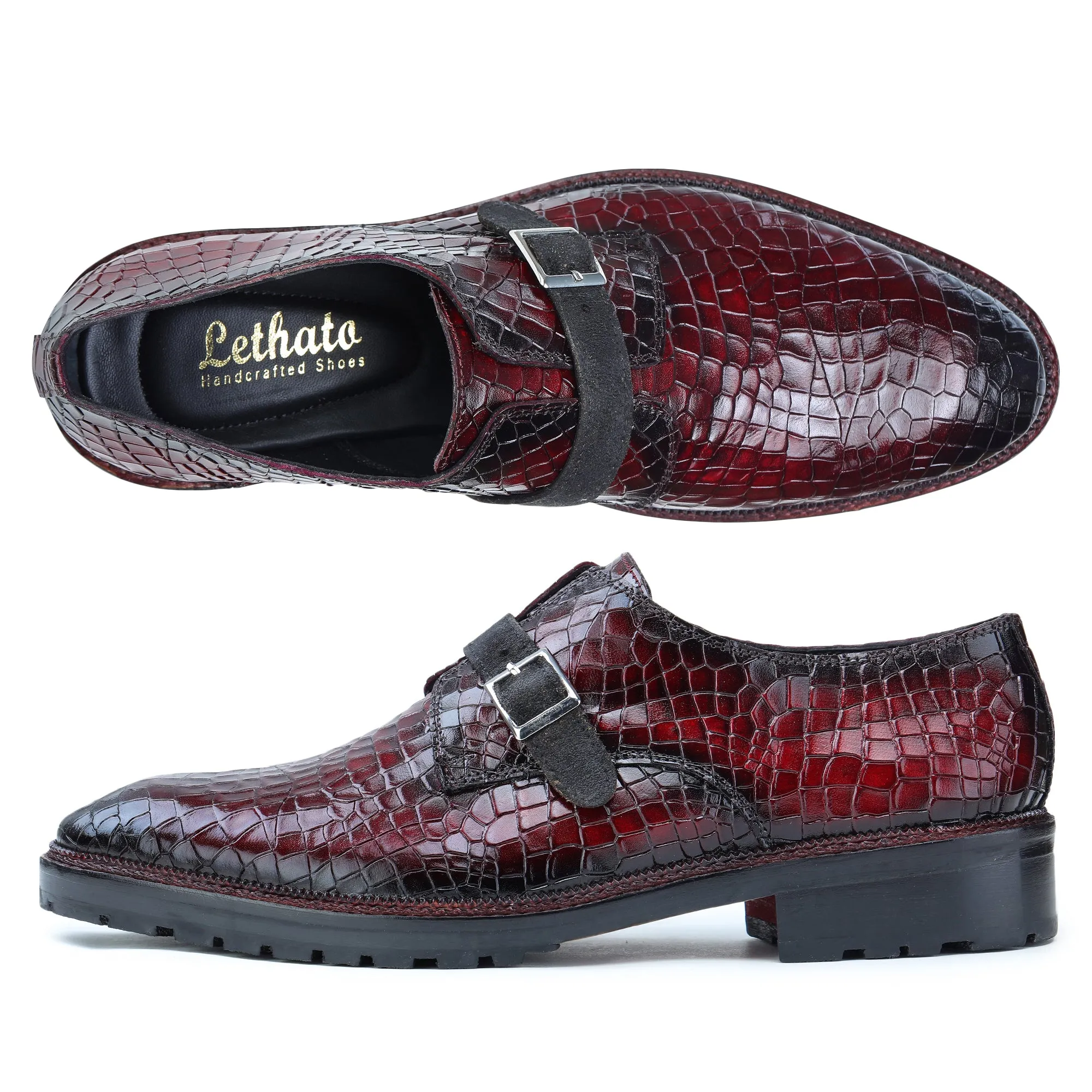 Single Monk Strap - Croc Wine Red