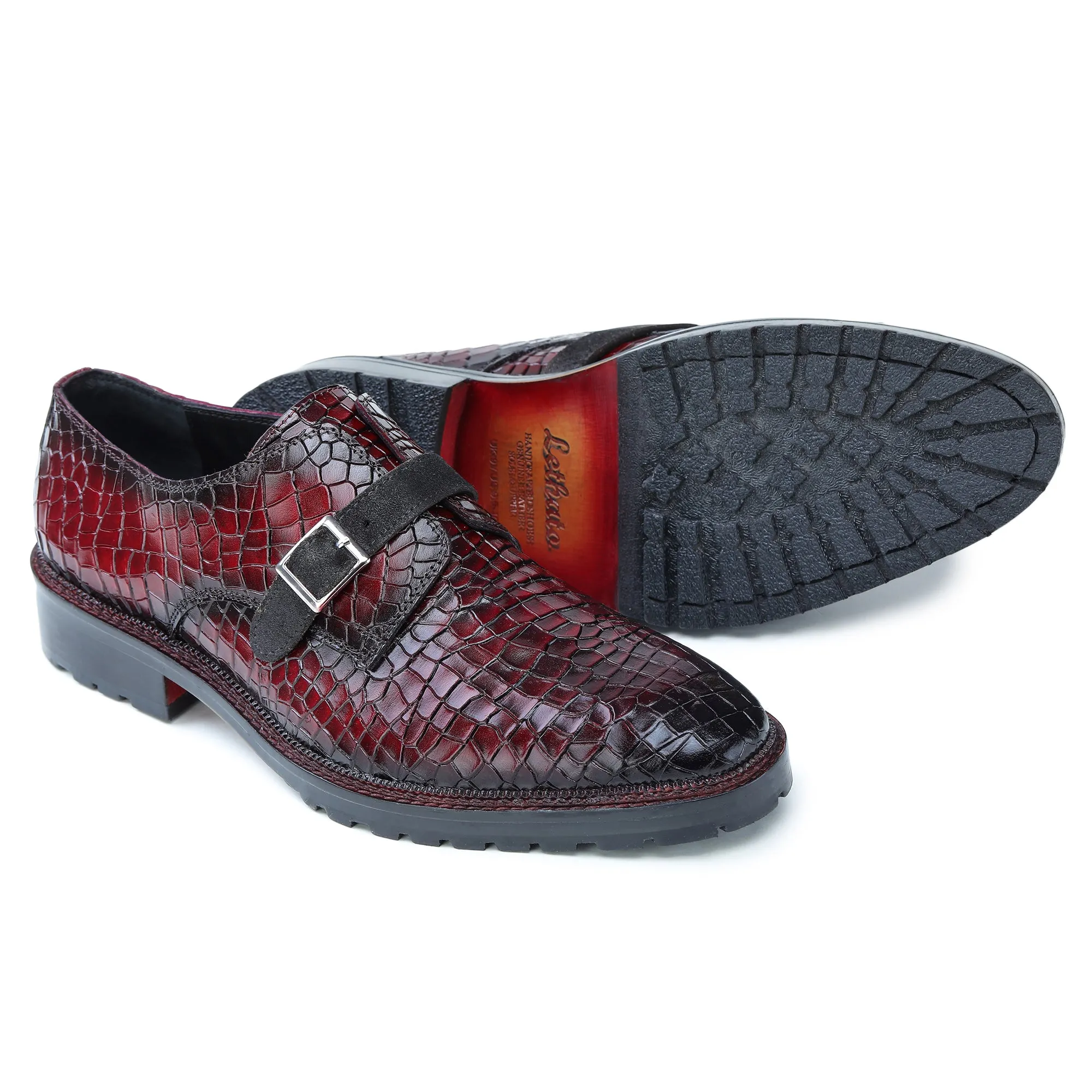 Single Monk Strap - Croc Wine Red