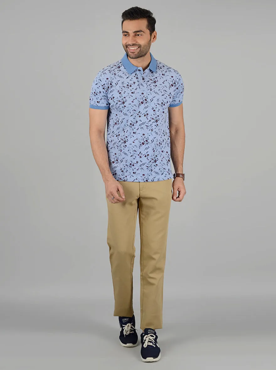 Sky Blue Printed Slim Fit Polo T-Shirt | Greenfibre