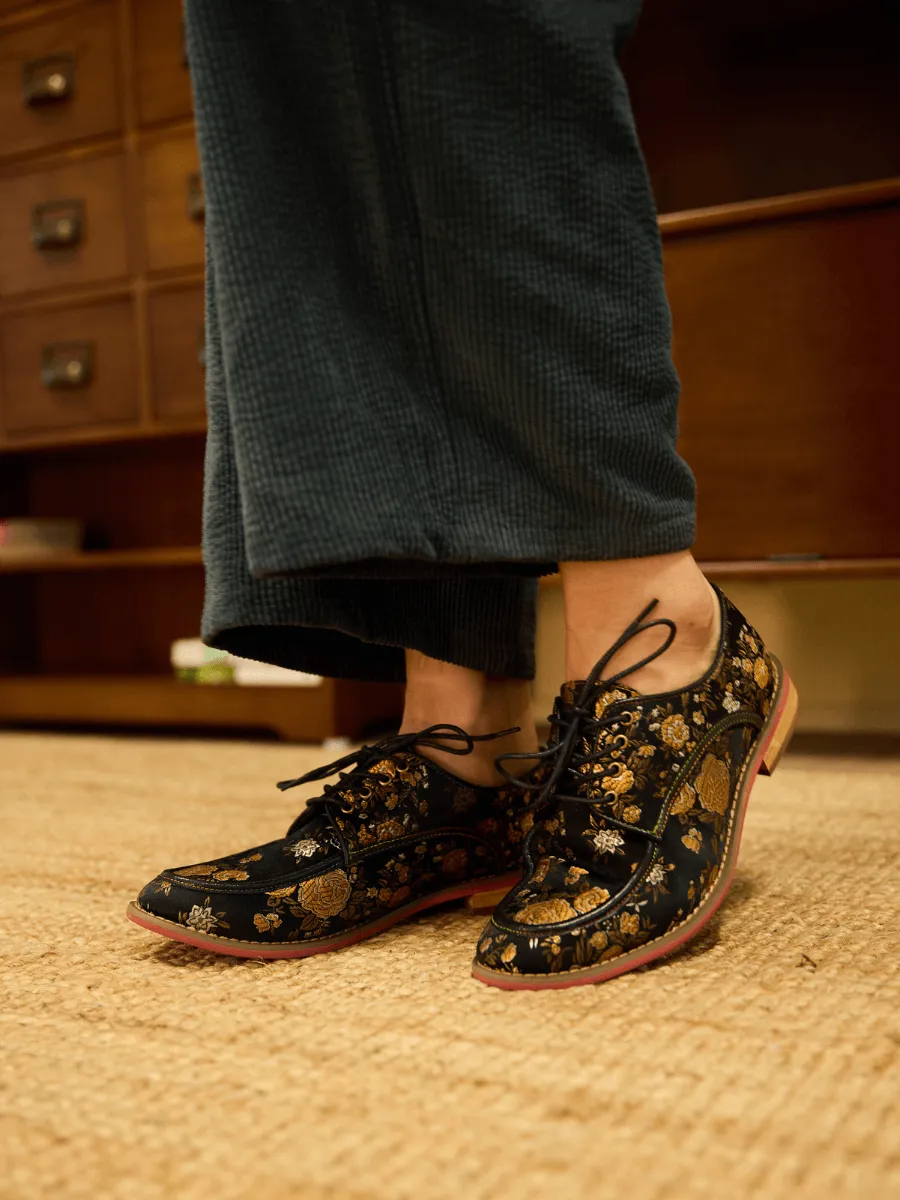 Soffia | Gold Age Rose Print Flat Brogues