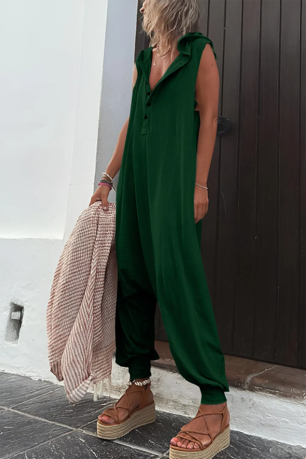 Timeless Elegance: Full Size Half Button Sleeveless Jumpsuit