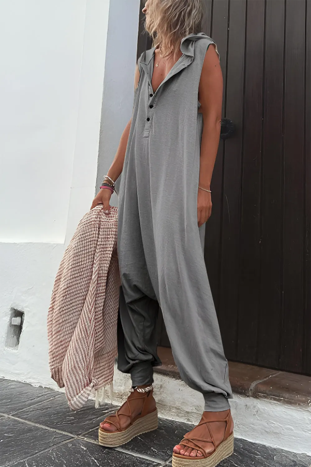 Timeless Elegance: Full Size Half Button Sleeveless Jumpsuit