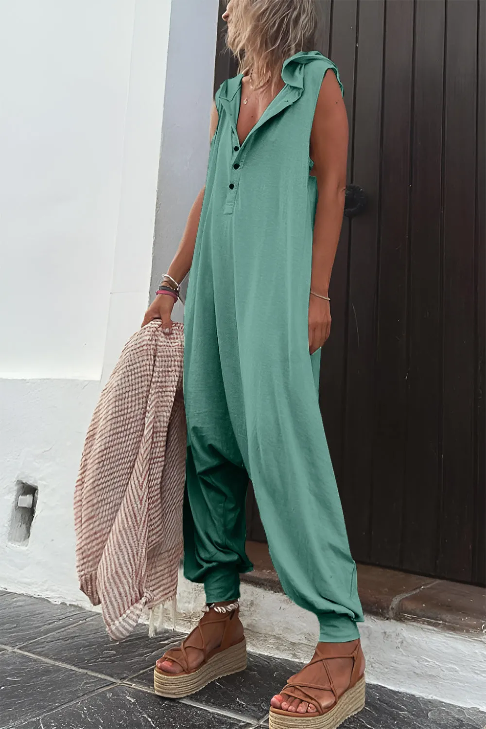 Timeless Elegance: Full Size Half Button Sleeveless Jumpsuit