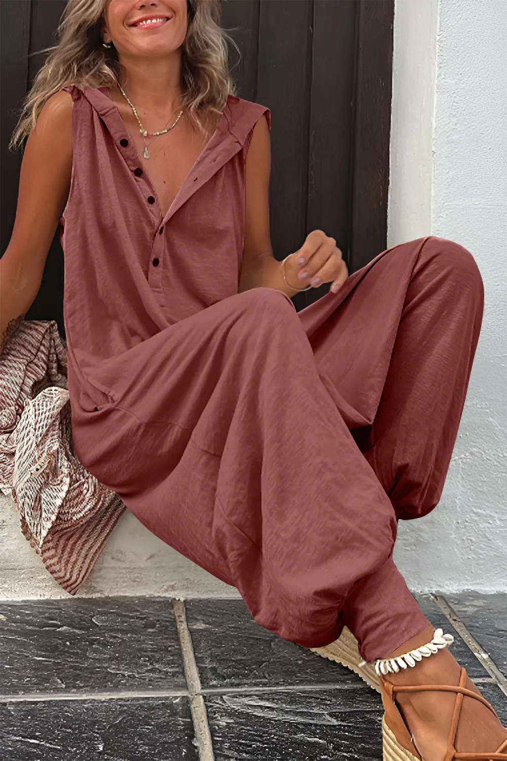 Timeless Elegance: Full Size Half Button Sleeveless Jumpsuit