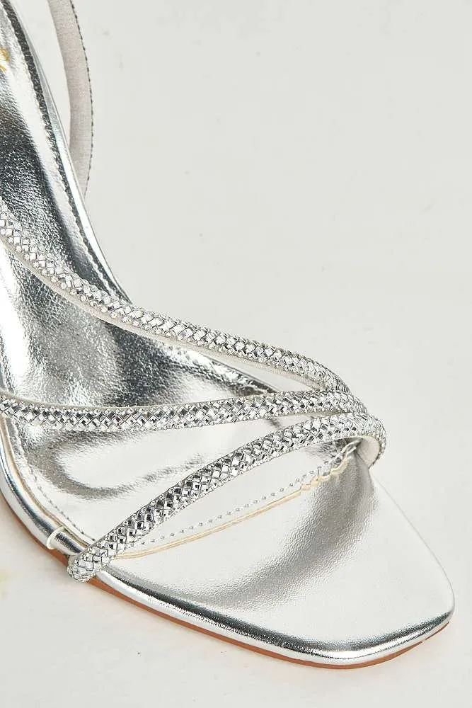 Val 3 Diamante Band Stiletto Heeled Sandals in Silver