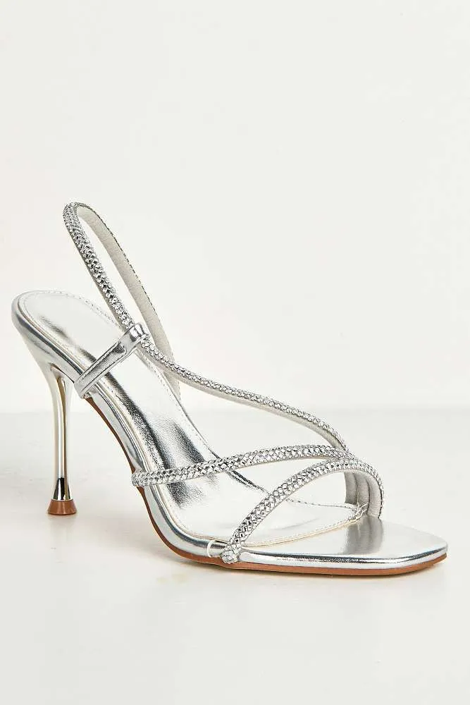 Val 3 Diamante Band Stiletto Heeled Sandals in Silver