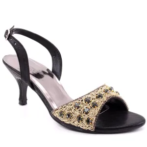 Women “FIA” Studs Decorated Shimmer Kitten Heel Buckle Closure Sandals